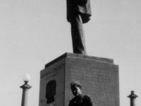 Taken Sept. 20, 1942 at Lake Front Park, Milwaukee.  Myself sitting on base of statue of Abraham Lincoln.  [Courtesy of Jan Nadamoto]