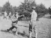 Yukio Takehara  of our platoon going through the bayonet drill eagerly in action.  Taken Oct. 6, 1942 on drill field at New Camp McCoy, Wis.  [Courtesy of Jan Nadamoto]