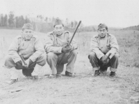 Taken Oct. 24, 1942 at an abandoned farm house at New Camp McCoy where we were digging out grass in blocks to plant around our barracks.  L to R: Harry Nishimura, Yuko Takehara, me.  [Courtesy of Jan Nadamoto]