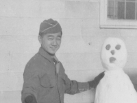 Nov. 29, 1942 at Camp McCoy, Wis.  I built you a snowman.  [Courtesy of Jan Nadamoto]