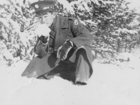 November 29, 1942 Tasting snow to see how it tastes.  The snow is soft and light.  [Courtesy of Jan Nadamoto]