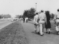 Taken June 21, 1943 walking up towards the Capitol Bldg, Washington D.C. Left to right:  Myself, Toshio Kawamoto, Sally & Harold Sugiyama.  [Courtesy of Jan Nadamoto]