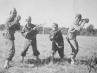 Left to right: Henry Shiyama, Ralph Uyeda, Yours truly, Sgt. Yamada.  [Courtesy of Rocky Nakahara]