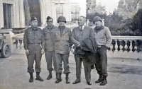 Delegate Joseph R. Farrington from Hawaii visits boys at Menton, France, December 14, 1944. From left to right, Katsumi Kometani, Major McKenzie, Chaplain Israel Yost, Delegate Joseph Farrington, Col. Gordon Singles. [Courtesy of Dorothy Kometani]