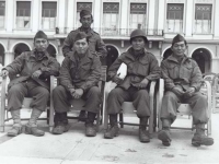 "Baker Co. Men During Last Campaign. The white package my friend is holding contained 3 days supply of cigarette butts - mixed with some tobacco (pipe) and sold to the French man for $5.00 Nice, Nov. ‘44 France." [Courtesy of Fumie Hamamura]