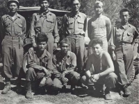 Group Photo. 1st Row, l-r: Hidenobu Hiyane, Howard Yamamoto, Lawrence Iwamoto. 2nd Row, l-r: Stanley Hamamura, Noboru Taki,  Seiji Kimura,  Richard Hamada, Itsuo Kagiwara, Civitavecchia, Italy -1944 [Courtesy of Fumie Hamamura]