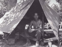 Stanley Hamamura in Pup Tent, Vada, Italy '44 [Courtesy of Fumie Hamamura]