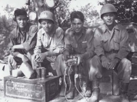 Rest Area. Hidenobu Hiyane,  Lawrence Iwamoto,  Lt. Kodama,  Stanley Hamamura - Vada Italy - 1944 [Courtesy of Fumie Hamamura]