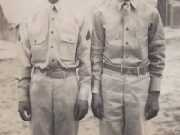 Stanley Hamamura and friend at Camp McCoy, Wisconsin. [Courtesy of Fumie Hamamura]