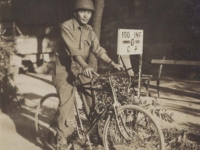 Stanley Hamamura on a borrowed bicycle in Leghorn, Italy, 1944. [Courtesy of Fumie Hamamura]