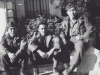 Stanley Hamamura, S. Adaniya, and Toshimi Sodetani in France, 1944. [Courtesy of Fumie Hamamura]