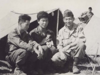 Stanley Hamamura, Tatsuo Suzuki, and Tamotsu Higuchi in Vada, Italy 1945. [Courtesy of Fumie Hamamura]
