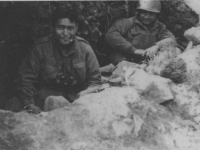 Francis Takemoto and Dennis Teraoka in a dugout in Europe. [Courtesy of Fumie Hamamura]