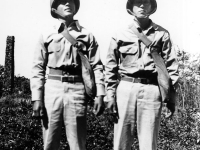 Stanley Hamamura and Sueo Noda with gas masks, in Hawaii, winter 1942 [Courtesy of Fumie Hamamura]