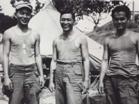 Stanley Hamamura, Sakurada, and Anzai at Camp McCoy, 1942. [Courtesy of Fumie Hamamura]