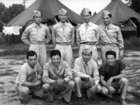 Yasui, Stanley Hamamura, Motoishi, Sekiya, Kashiwabara, Muranaka, Inouye, and Takahashi at Camp McCoy in July 1942 [Courtesy of Fumie Hamamura]