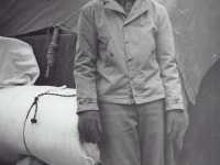 Stanley Hamamura getting ready to move with his belongings at Camp McCoy, 1942. [Courtesy of Fumie Hamamura]