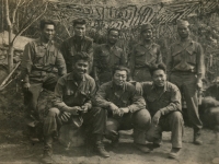 Anzio days, 1944. Back l to r: A. Kuriyama, Hidenobu Hiyane, James Horikoshi, James Oki, David Suzuki. Front 1 to r: Albert Oki, Isaac Akinaka, Edward Saito. (Courtesy of Joyce Walters)
