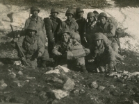 Forward Command Group, Radio and Message Center Unit. Venafro, Italy '43. Back row, left to right: Ed Ikuma, Capt. King, 'me,' Seiji Kimura, K. Komatsu (killed in action), Howard Yamamoto. Kneeling: Shimizu, S.Ushijima (home on furlough). (Courtesy of Joyce Walters)