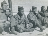 April 1945. Guys waiting at Repple Depple to be shipped home on furlough (rotation). Was in group myself. May 20, 1945 reached Staten Island, N.Y. Left to Rite: 1. Yamato, Shiro; 2. no name; 3. Enomoto, Jun; 4. no name; 5. Shima, Hq 1st Sgt. (Courtesy of Joyce Walters)
