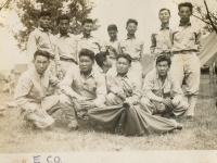 McCoy '43. E Co. Rear left to right: 1. Fujiyama, Takeo (KIA); 2. Moriki, Thomas; 3. Yamakawa, Sueyoshi; 4. no name; 5. Kumabe, Noboru; 6. Harada, Ken; 7. Morimoto, Ben. Front: 1. Furukido, Ken (KIA); 2. Hayashi, Shizuya; Yui, Kaname; 4. Kikuta, Toshie; 5. Kuromoto, Pete. (Courtesy of Joyce Walters)