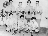 Jimmy Inafuku (bottom right) with fellow veterans after a bowling tournament, Honolulu, HI [Courtesy of Carol Inafuku]