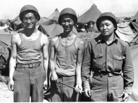 Soldiers at work at their base in Ghedi, Italy, June 1945 [Courtesy of Carol Inafuku] Inscription: Reverse: Thedi (Ghedi) June 1945