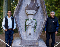 Kaoru Miyamoto’s grandson Todd (left) and son Stanford (right), at the new 442nd RCT memorial dedication in Bruyères (2017). [Photo courtesy of Stanford Miyamoto]