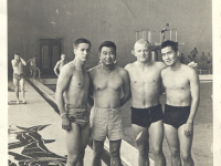 Katsumi Kometani (2nd from left) with Halo Hirose (right), a famous Hawaii swimmer, and friends at the pool. [Courtesy of Dorothy Kometani]