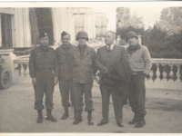 Delegate Joseph R. Farrington from Hawaii visits boys at Menton, France, December 14, 1944. From left to right, Katsumi Kometani, Major Mackenzie, Chaplain Israel Yost, Delegate Farrington, Col. Gordon Sengls. [Courtesy of Dorothy Kometani]