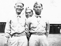 James Kawashima, Harold Sugiyama, and a friend, standing in front of Schofield Barracks, Hawaii [Courtesy of Alexandra Nakamura]