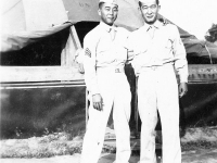 Thomas Tsubota & James Kawashima in front of tents at Camp McCoy, Wisconsin [Courtesy of Alexandra Nakamura]