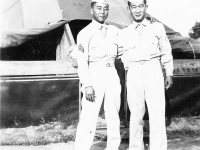 Thomas Tsubota & James Kawashima in front of tents at Camp McCoy, Wisconsin [Courtesy of Alexandra Nakamura]