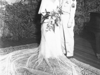 Wedding photo of Shizue and James Kawashima, July 29, 1945 [Courtesy of Alexandra Nakamura] Inscription: Mr. & Mrs. James Kawashima, July 29, 1945