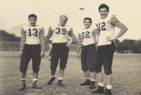 Pomona football athletes from Hawaii. Kazuo "Casey" Hisanaga (far left; #13), Kazuma "Benny" Hisanaga (third from left; #22) with athletes from Punahou. [Courtesy of Bruce Hisanaga]