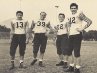 Pomona football athletes from Hawaii. Kazuo "Casey" Hisanaga (far left; #13), Kazuma "Benny" Hisanaga (third from left; #22) with athletes from Punahou. [Courtesy of Bruce Hisanaga]