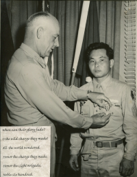 Keijiro Umebayashi, age 21, served in the 100th Infantry Battalion, Baker company. He was a member of the original 100th. He trained at Camp McCoy, Wisconsin and at Camp Shelby, Mississippi. He crossed the Volturno, took the Hills, fought at Cassino, Anzio, Belvedere, Arno, Bruyeres, Biffontaine and in the Vosges Forest. He was awarded a Combat Infantry Badge, a Bronze Star, a Silver Star, and two Purple Hearts. [U.S. Army Signal Corps]