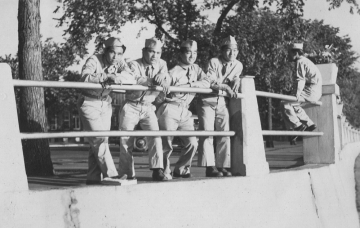 Passing Shots Transcontinental U.S. June 12 to June 15. Taken June 1942 along the rails on the Mississippi River. Left to right: Toshio Kawamoto, James Komatsu, myself, and Fred Kanemura. [Courtesy of Jan Nadamoto]