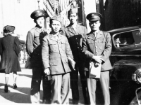 Sonsei Nakamura (far right) and friends on Broadway, New York City, while on furlough [Courtesy of Sonsei Nakamura] Inscription: Broadway near Wall Street