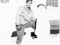 100th Battalion soldier with a snowman at Camp McCoy, Wisconsin [Courtesy of Sonsei Nakamura]