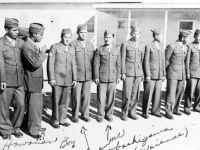 Soldiers at Camp McCoy, Wisconsin, 1942.  Edward Kaholokula, ?, Kobashigawa, Sonsei Nakamura, James Kawashima, ?, Robert Ozaki, Yutaka Nezu [Courtesy of Sonsei Nakamura] Inscription: Hawaiian Boy, Kobashigawa (Waianae), me