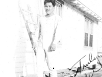 Tokuji Ono in long thermal underwear on Ship Island, Mississippi, 1942 [Courtesy of Leslie Taniyama] Inscription: Yours Truly, Bullie(?) Reverse: Jan ‘42 Ships Island