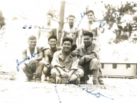 Billy Takaezu, T. Tanaka, Robert Goshima, James Komatsu, F. Kanemura, Y. Takata, T. Ono at Camp Shelby after Ship Island. [Courtesy of Leslie Taniyama]