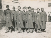 Camp McCoy, non-coms of 2nd platoon - Sgt. Bill Oya, Sgt. Ronald Kiyabu, Staff Sgt. Larry Mizumo, Corp. Saburo Yokoyama, Sgt. Richard Sasaki, Corp. Dick Sasaki, Corp. T. Morikawa, Sgt. Shimogaki. (Courtesy of Alvin Shimogaki)