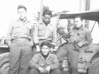 Jun Hayakawa,  ?  , Imoto; Sitting: Harry Moromisato in front of jeep. [Courtesy of Goro Sumida]