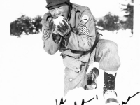 Hank Nakamura eating snow at Camp McCoy, Wisconsin [Courtesy of Goro Sumida] Inscription: To Goro, Best regards and Aloha, Hank Nakamura