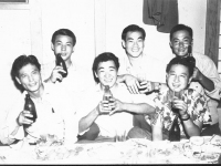 At the Shoyu Tea House in 1946, Back row : Takeo Takahashi, Wasato Harada, Ernest Sasaki.  Front row:  Chikami Hirayama, Goro Sumida, Fred Matsuo [Courtesy of Goro Sumida] Inscription: Reverse: KT. Shoyu Tea House 1946. Back: Takeo Takahashi, Wasato Harada, Ernest Sasaki. Front: Chikami Hirayama, Goro Sumida, Fred Matsuo