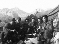 The C.R. Gang (William Takaezu, Kenneth Kaneko, Herbert Ishii, Fuji, Yozo Yamamoto, Sugi) at chow time in the Alpes-Maritimes. [Courtesy of Mrs. William Takaezu]