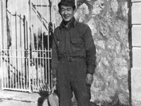 James Kawashima prepares to cook in makeshift quarters in Paris, France. [Courtesy of Mrs. William Takaezu]