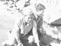 William Takaezu and Harry Hirasuna in a rowboat at Cat Island, Mississippi. [Courtesy of Mrs. William Takaezu]